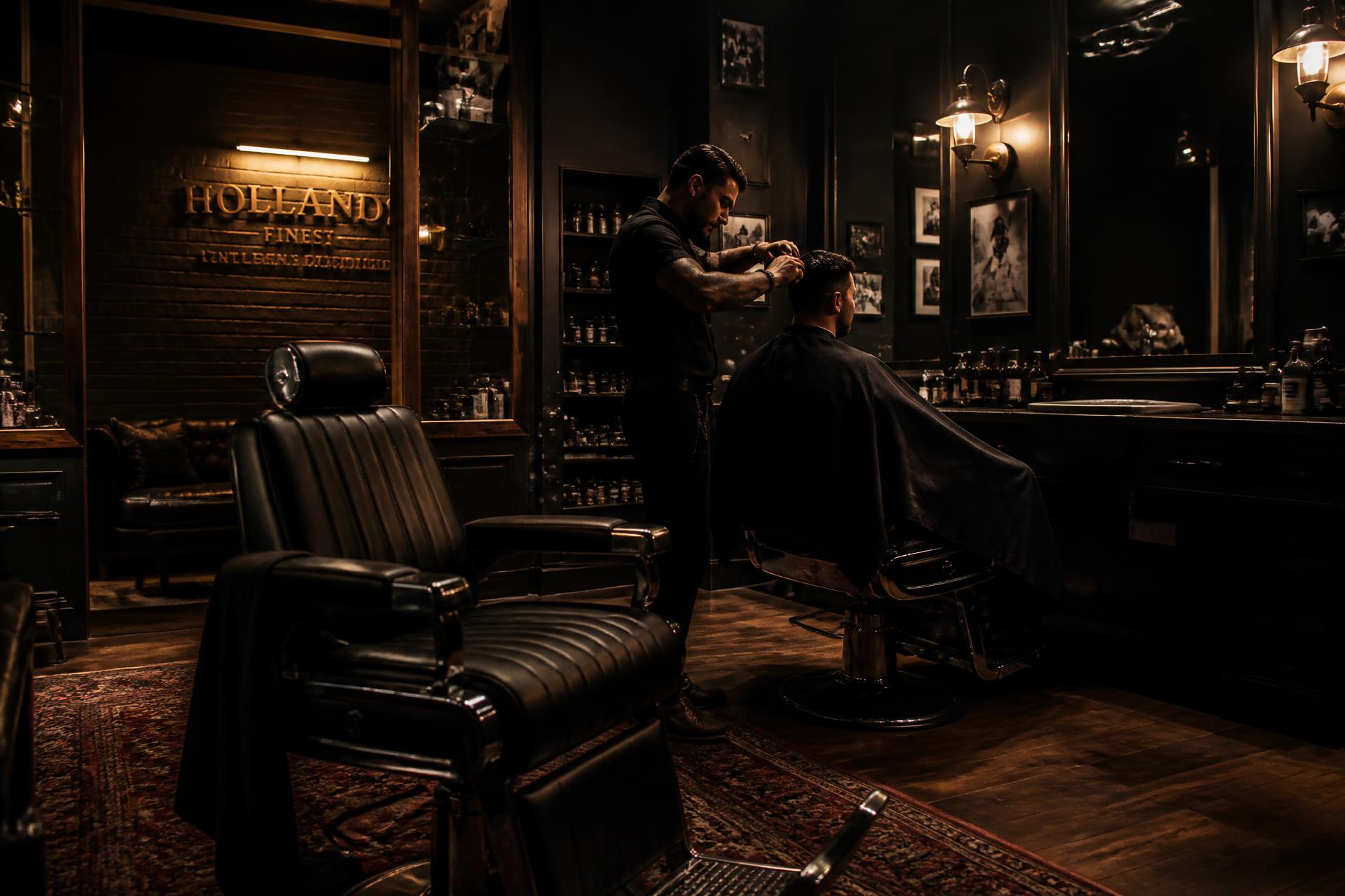 Interior sofisticado da Fernandez Barbershop com barbeiro trabalhando